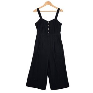 American Eagle Outfitters Black Cotton Linen Button Front Wide Leg Jumpsuit M